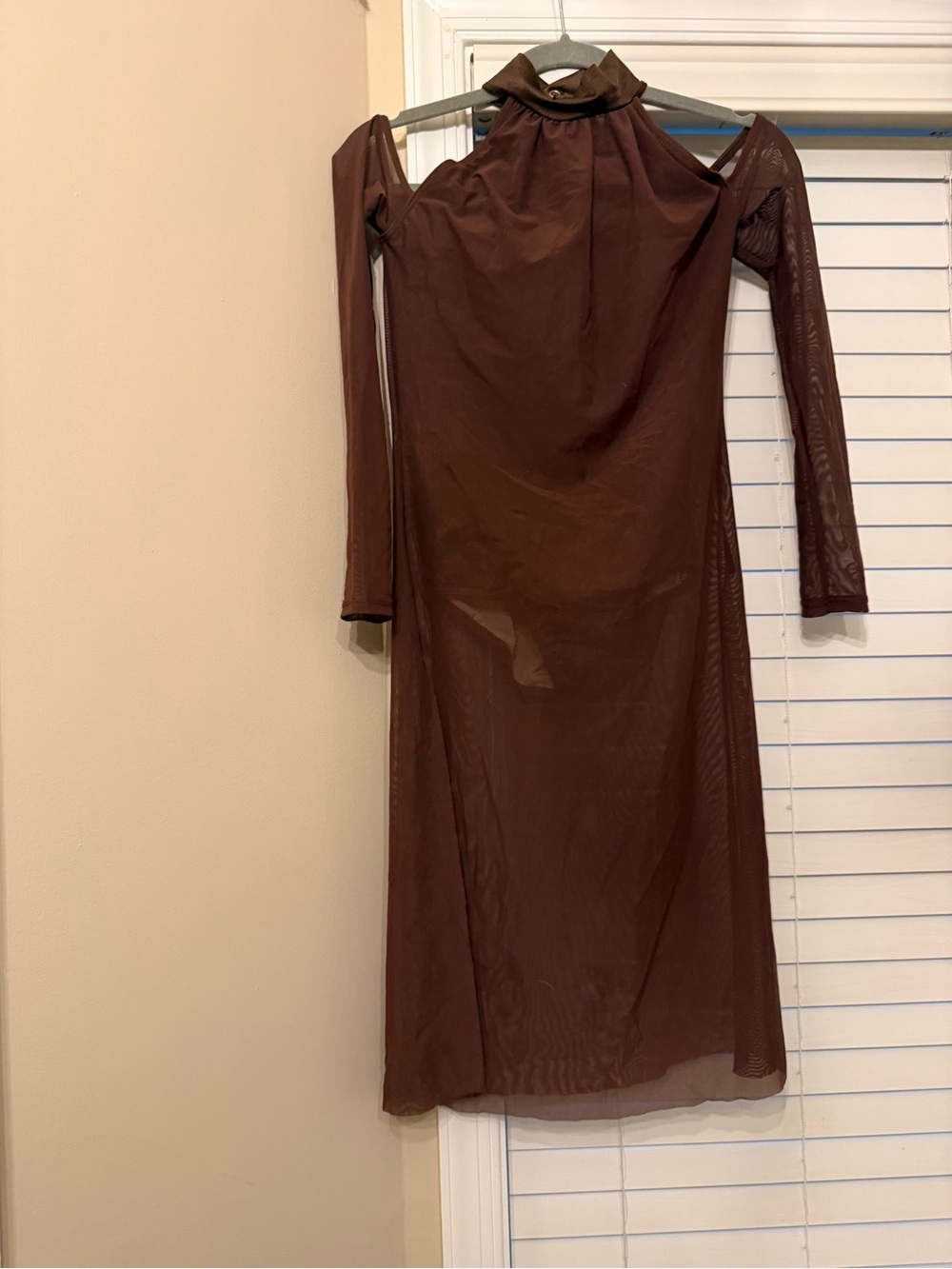 Weissman Chocolate Brown Long-Sleeve Cold-Shoulder Mesh Midi Dress